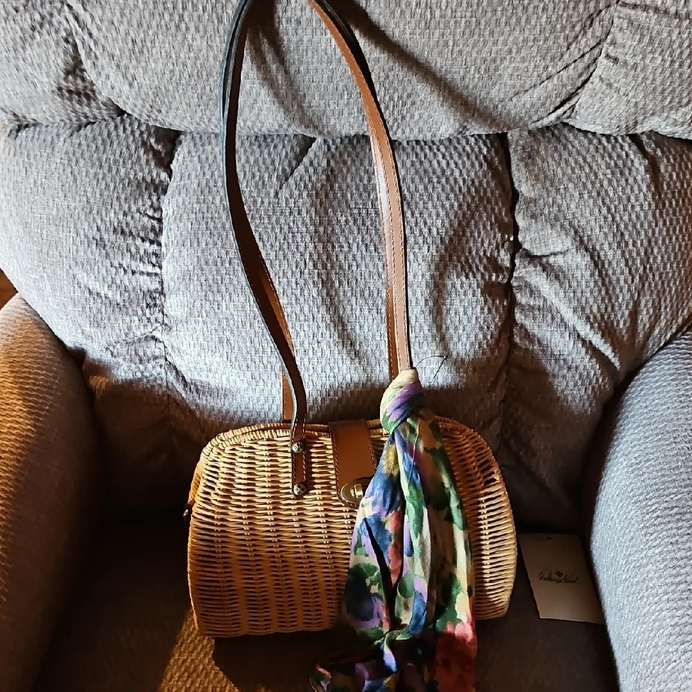 Patricia Nash Beige Wicker Woven Shoulder Bag with Floral Scarf